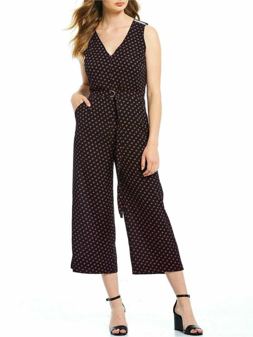63 Michael Kors Belted Sleeveless Polka Dot Jumpsuit